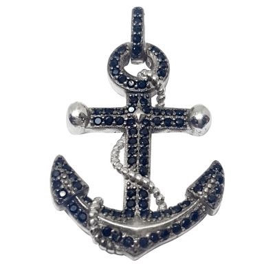 925 Sterling Silver Anchor Pendant With Black Stones