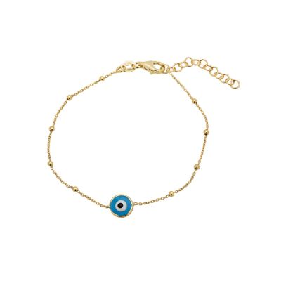 Gold plated silver bracelet with 7mm round light blue eye charm
