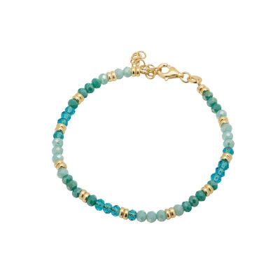 Gold plated silver bracelet with light blue/teal crystal beads