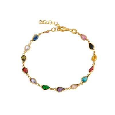 Gold Plated silver bracelet with multi color teardrop CZ stones