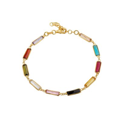 Gold Plated silver bracelet with multi color rectangular CZ stones