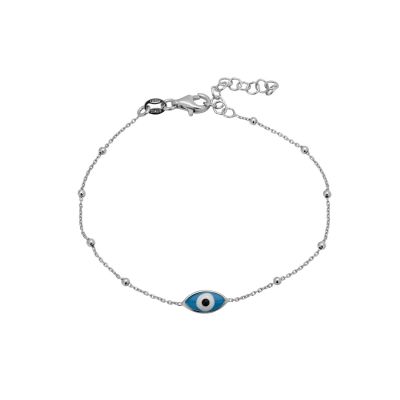Rhodium Plated Silver bracelet with oval light blue enamel eye