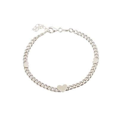 Silver curb link bracelet with 3 hearts and extender chain