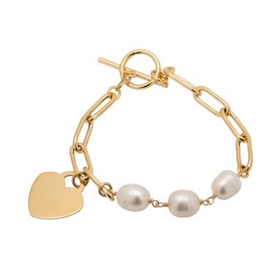 Gold plated silver bracelet with pearls, heart charm & toggle clasp