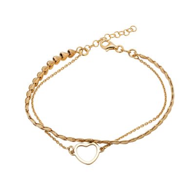 Gold Plated silver 2 row bracelet with hearts and extender