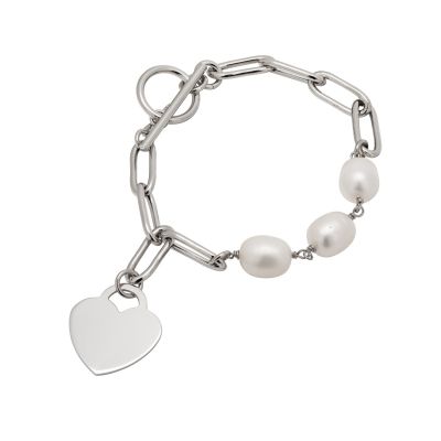 Rhodium plated silver bracelet with pearls, heart charm & toggle clasp