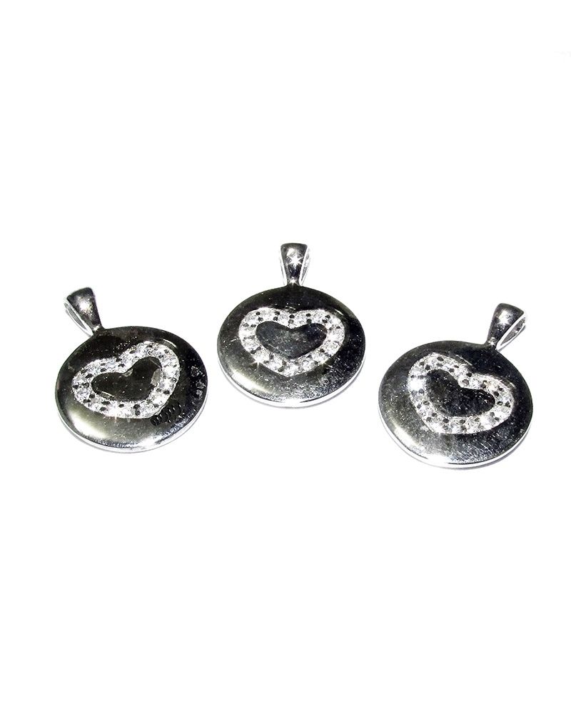 925 Sterling Silver C'Z Heart Disc Pendant 15mm