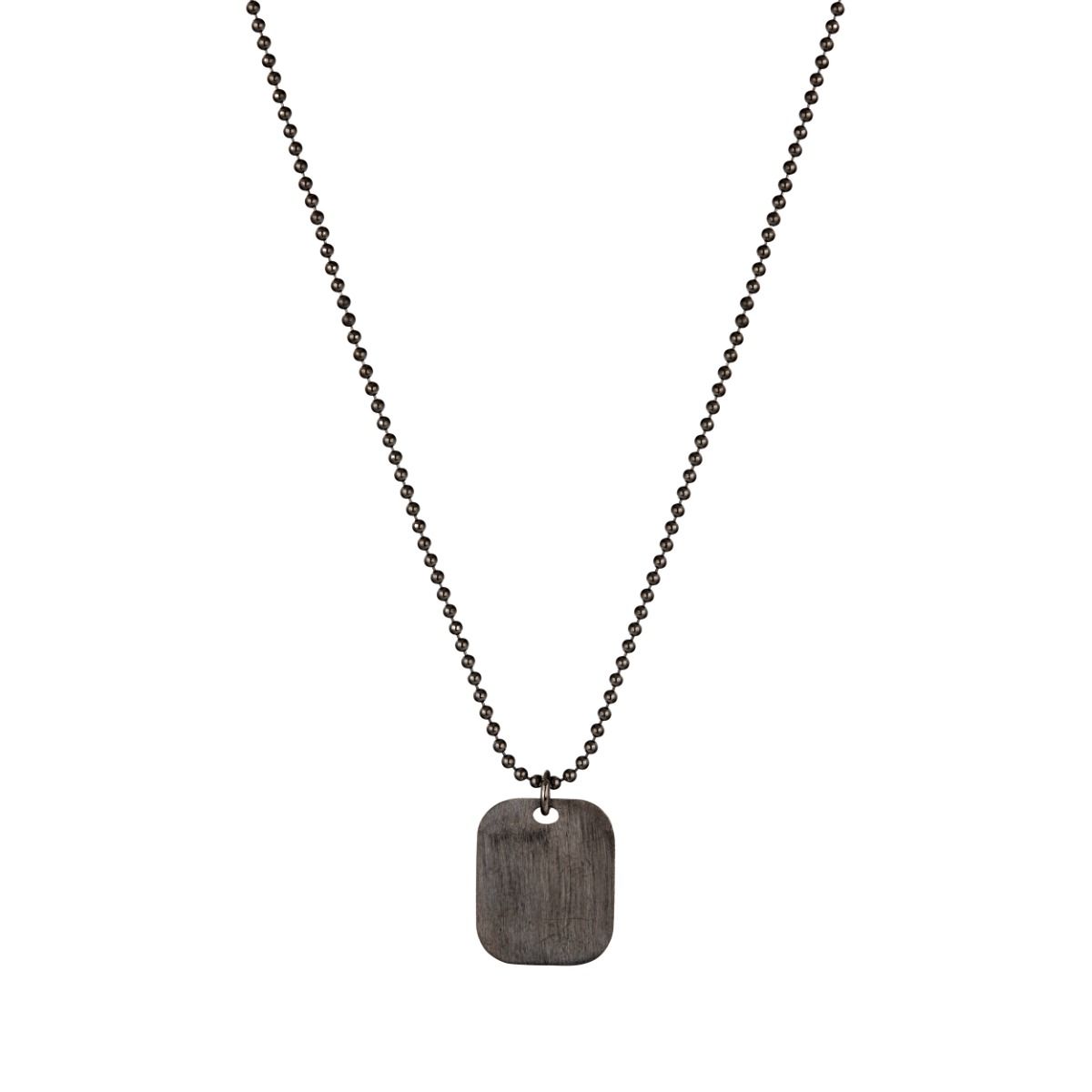 Ruthenium plated silver beaded necklace with dog tag plate pendant