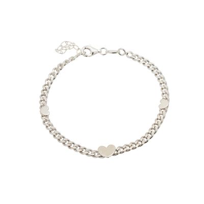 Silver curb link bracelet with 3 hearts and extender chain