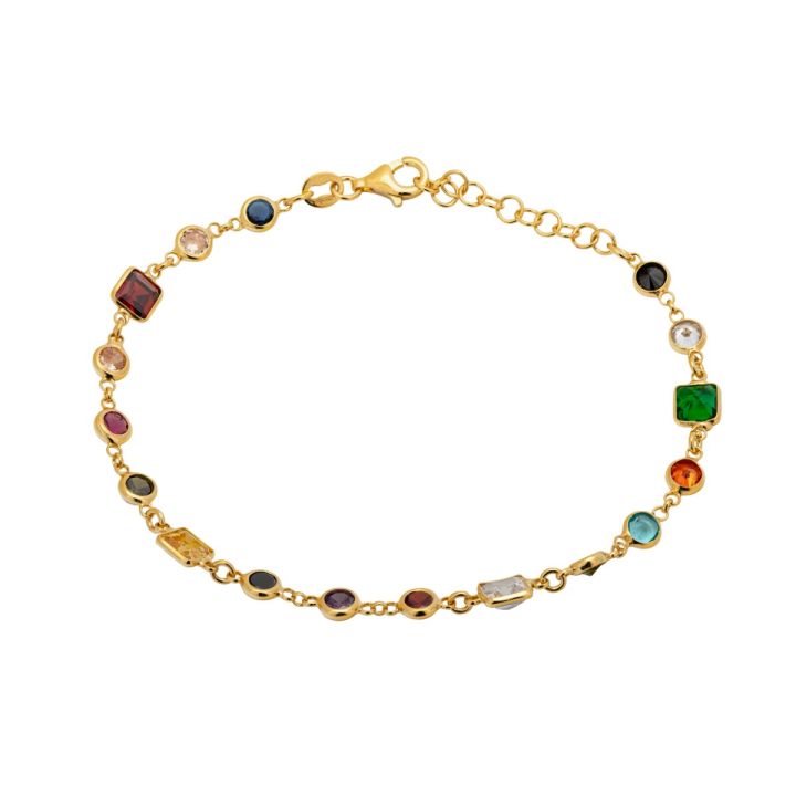 Gold plated silver bracelet multi color square & round CZ stones