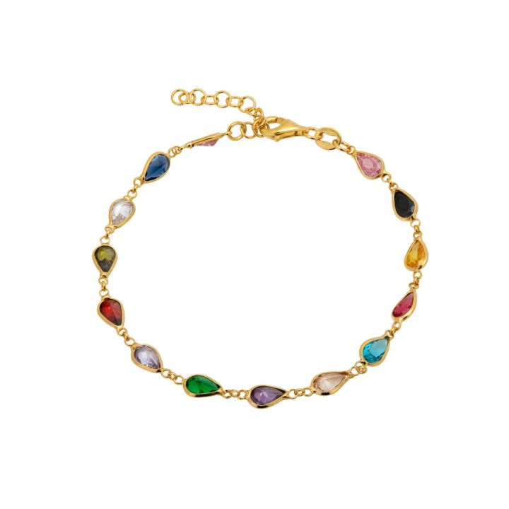 Gold Plated silver bracelet with multi color teardrop CZ stones