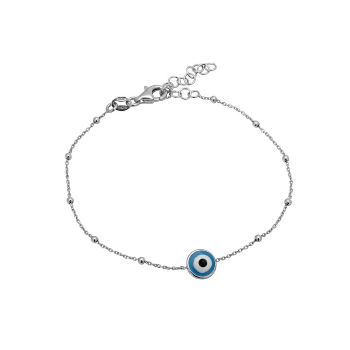 Rhodium plated silver bracelet with 7mm round light blue eye charm