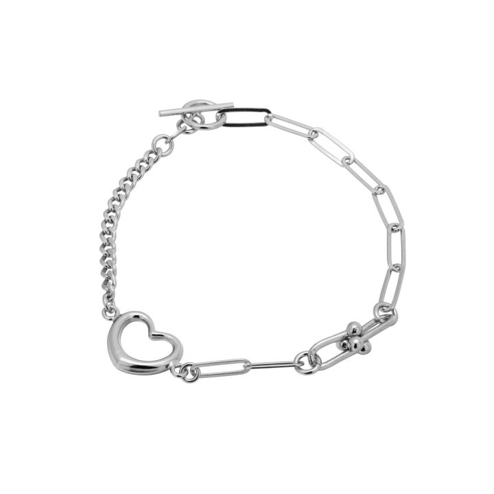 Rhodium plated silver bracelet with heart charm and toggle clasp