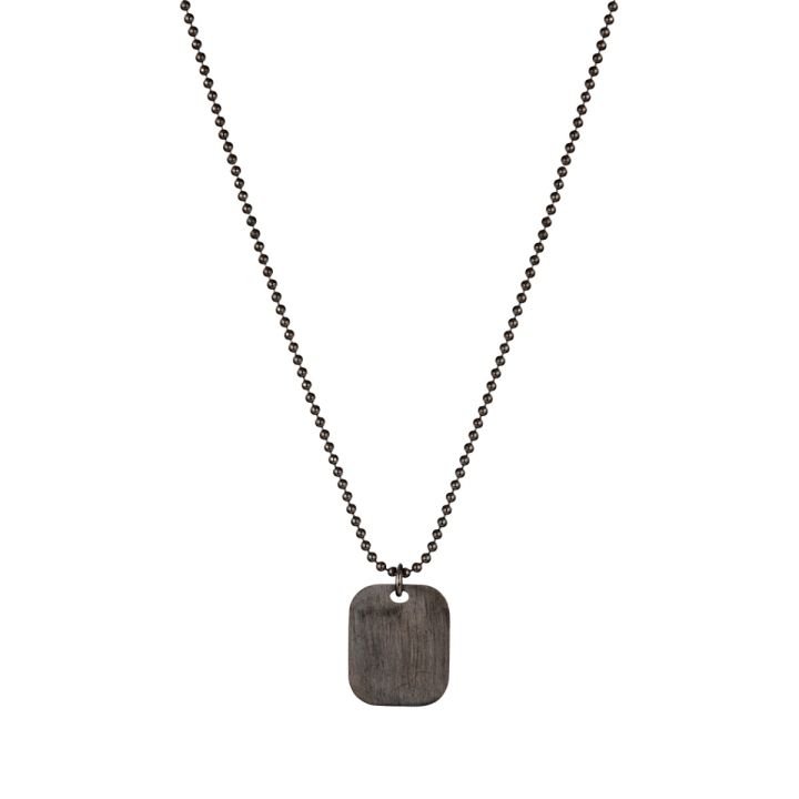 Ruthenium plated silver beaded necklace with dog tag plate pendant