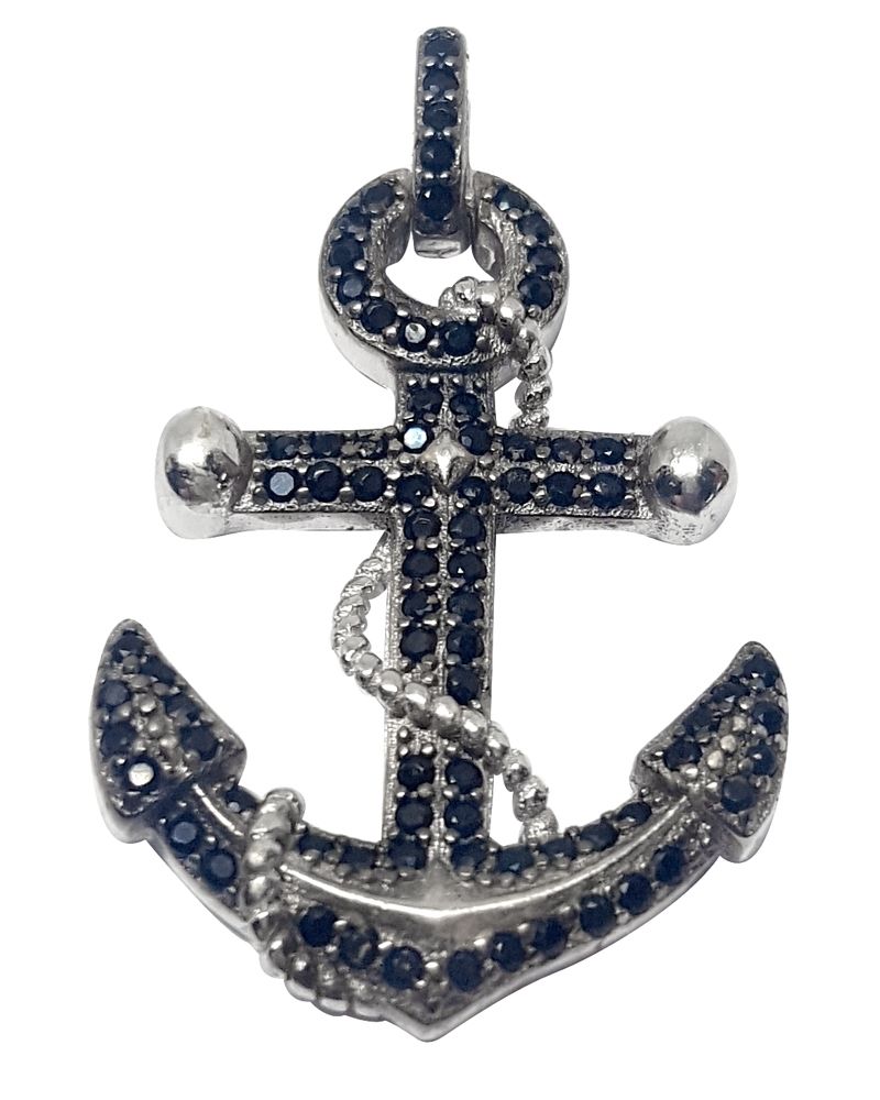 925 Sterling Silver Anchor Pendant With Black Stones